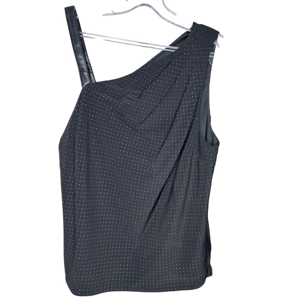 DKNY Black Sleeveless One Shoulder Top Polka‎ Dot Draped Asymmetric Blouse M